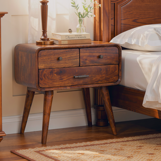 Sunvega Handcrafted Solid Mango Wood Chestnut 3-Drawer Nightstand with Brass Knobs