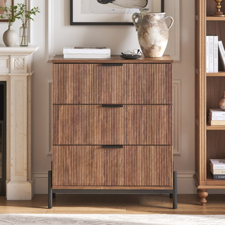 Sunvega Mid-Century Mocha 3-Drawer Chest with Reeded Wood Fronts