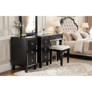 Sunvega Traditional Cherry Wood Vanity Set with Tufted Stool and Storage Drawers