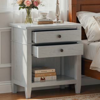 Sunvega Fog Grey Solid Wood Bedside Table with Two Spacious Drawers