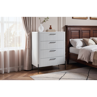 Sunvega White 4 Drawer Chest with Reeded Fronts and Metal Accent Base