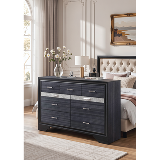 Sunvega Naima Black Finish Dresser with Jewelry Drawer and Silver Drawer Pulls