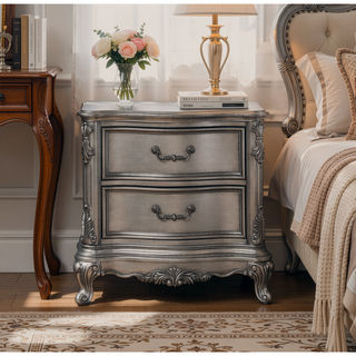 Sunvega Antique Platinum Finish Nightstand with Intricate Details for Bedroom