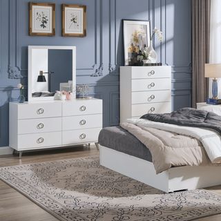 Sunvega White 6-Drawer Dresser with Chrome Hardware and Metal Hairpin Legs