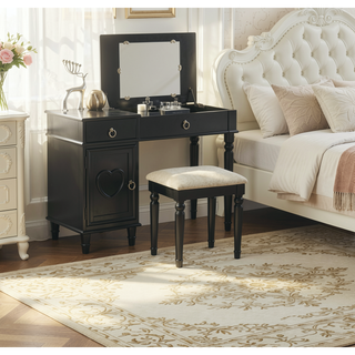 Sunvega Silver Color Rubber Wood Vanity Set with Stool and Open Up Mirror Storage