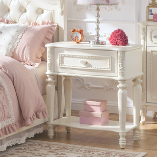 Sunvega Floral Pattern Ivory Nightstand with Drawer and Open Shelf Storage