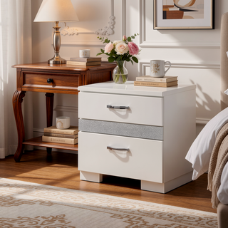 Sunvega White High Gloss Finish Nightstand with Three Felt-Lined Drawers and Metal Handles
