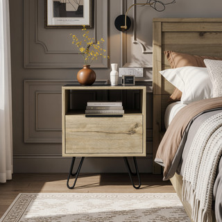 Sunvega Light Oak Nightstand with Hairpin Legs and Drawer Shelf Storage