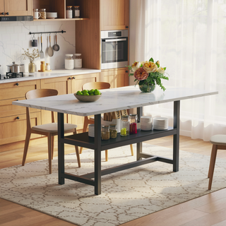 Sunvega Minimalist Dining Table with Walnut Textured MDF Top and Storage Shelf