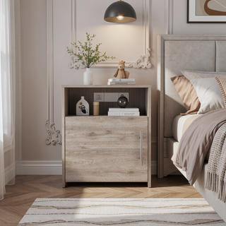 Sunvega Nightstand with Single Door Cabinet and Shelf for Bedroom Living Room