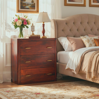 Sunvega Handcrafted Solid Mango Wood Chest of 3 Drawers with Gold Knobs