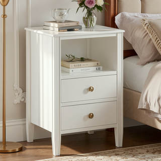 Sunvega Antique White Winston 2-Drawer Nightstand with Open Shelf and Fluted Legs