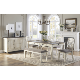 Sunvega Antique White Finish Wooden Bench with Gray Textured Fabric Upholstered Seat