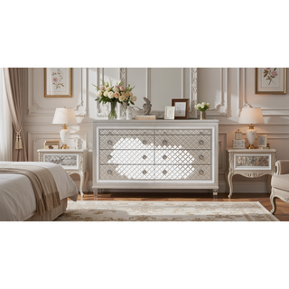 Sunvega Cross Glam Champagne Dresser with Mirror Accents and Spacious Drawers