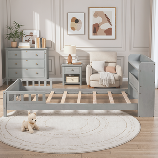 Sunvega Twin Pine Wood Bed with LED Motion Sensor Light and Bookcase Headboard