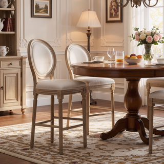 Sunvega French Style Solid Wood Frame Linen Fabric Oval Back Dining Chairs Set of 2