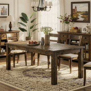 Sunvega Rustic Golden Brown Solid Rubberwood Rectangular Dining Table for Farmhouse