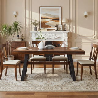 Sunvega Modern Industrial Dark Walnut Wood and Metal Dining Table Seats 8