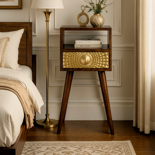Sunvega Solid Mango Wood Nightstand with Drawer and Open Shelf for Bedroom