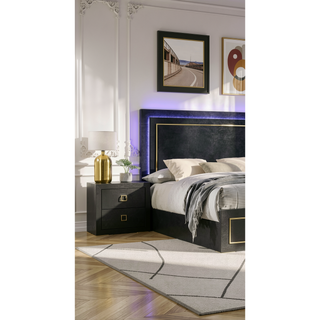 Sunvega Modern Black Nightstand with Center Glide Drawers and Gold Trim