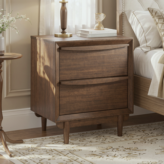 Sunvega Mid-Century Modern Walnut Finish Nightstand with 2 Dovetail Drawers and USB Charging Port