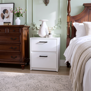 Sunvega Modern White 2-Drawer Nightstand with Metal Handles for Bedroom Storage