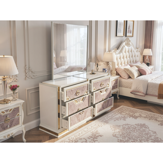 Sunvega Modern Art Deco Style 6-Drawer Dresser with Gold Accents and Mirrored Detailing