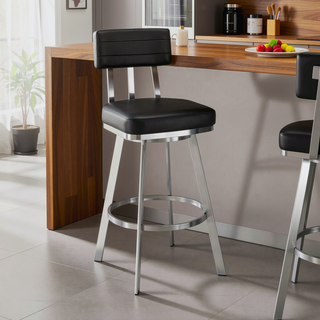 Sunvega 30 Inch Swivel Bar Stool with Black Faux Leather and Brushed Stainless Steel