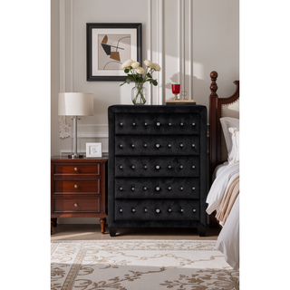 Sunvega Sophia Cream Velvet Upholstered Crystal Tufted 5-Drawer Chest for Bedroom