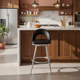 Sunvega Swivel Counter Stool with Black Faux Leather Upholstery and Brushed Stainless Steel