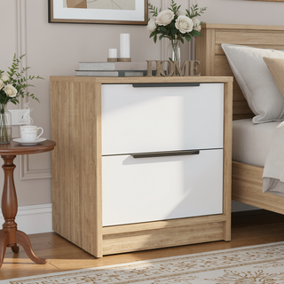 Sunvega Modern Nightstand with Two Drawers in White and Light Oak Finish