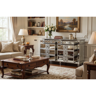 Sunvega Mirrored Nightstand with Geometric Trim and Crystal Knobs for Bedroom