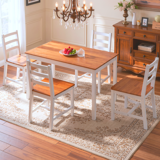 Sunvega Rustic Pine Wood Dining Table Set with Four High Back Chairs for Small Spaces