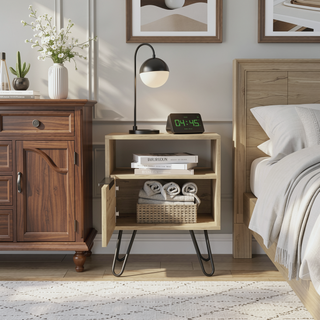 Sunvega Single Door Cabinet Nightstand with Hairpin Legs and Two Shelves
