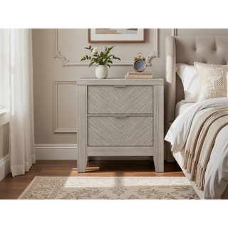 Sunvega Transitional Ash Veneer Nightstand with 2 Harringbone Look Storage Drawers