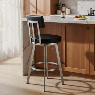 Sunvega 30 Inch Swivel Bar Stool with Black Faux Leather and Brushed Stainless Steel