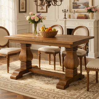 Sunvega Solid Wood Elmbrook Dining Table with Double Pedestal Base and Rectangular Top