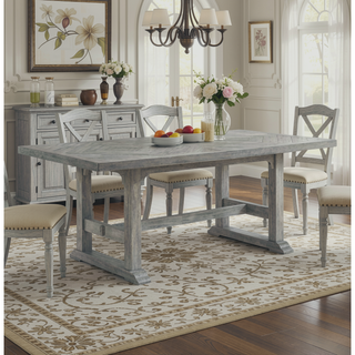 Sunvega Gray Dining Table with Diamond Inlay and Double Trestle Base for Six
