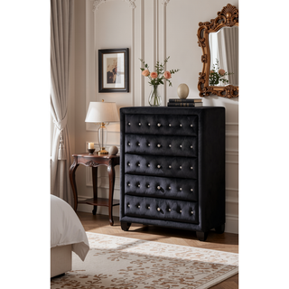 Sunvega Sophia Cream Velvet Upholstered Crystal Tufted 5-Drawer Chest for Bedroom