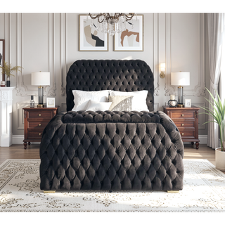 Sunvega Oval Faux Marble Top Nightstand with Two Drawers and Button Tufted Black Fabric