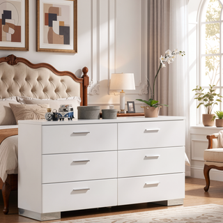 Sunvega Contemporary White High Gloss Dresser with Chrome Handles and Smooth Gliding Drawers
