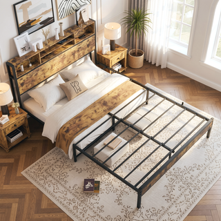 Sunvega Twin Size Bed Frame with Storage Headboard, Charging Station, and Bookcase