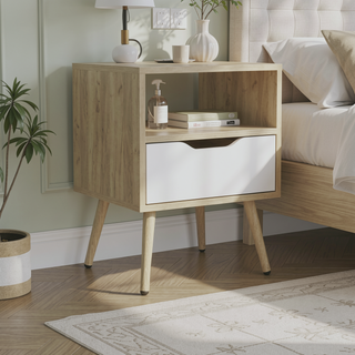 Sunvega Modern Natural Oak and White Nightstand with Drawer and Shelf