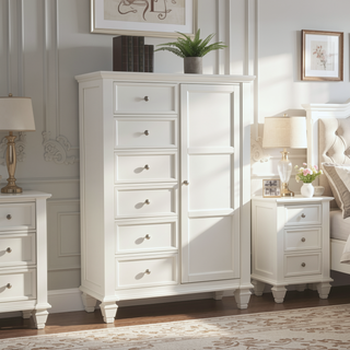Sunvega Cream White 8-Drawer Chest with Cabinet Door and Brushed Nickel Hardware