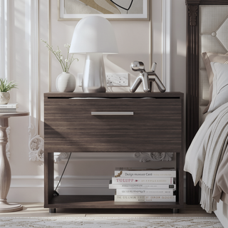 Sunvega Dark Walnut Nightstand with Spacious Drawer and Open Shelf