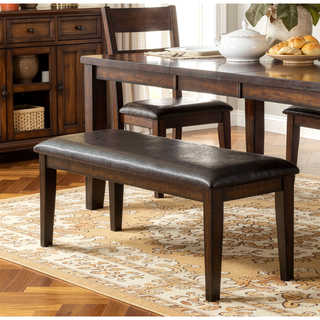 Sunvega Cherry Finish Wood Frame Bench with Dark Brown Faux Leather Upholstered Seat