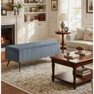 Sunvega Cream Wide Wale Corduroy Upholstered Accent Bench with Metal Legs