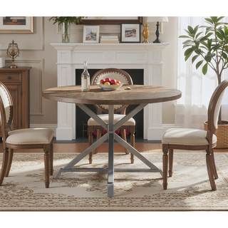 Sunvega Rustic Industrial Round Dining Table with Herringbone Top
