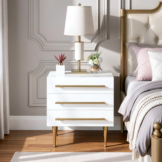 Sunvega Modern White Nightstand with Gold Accent and Three Wooden Drawers