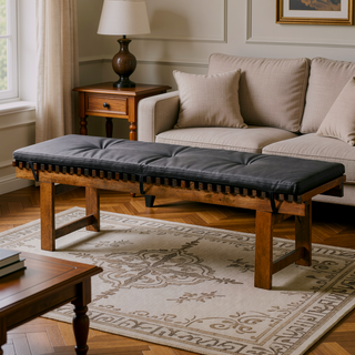 Sunvega Black PU Leather Upholstered Lucia Bench with Solid Teak Wood Legs